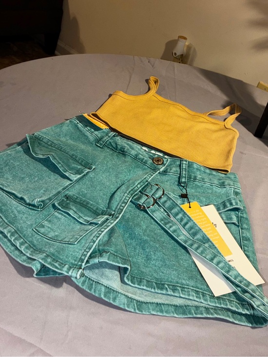 Pants - High-Rise Teal Denim Skort with Utility Pockets and Belt